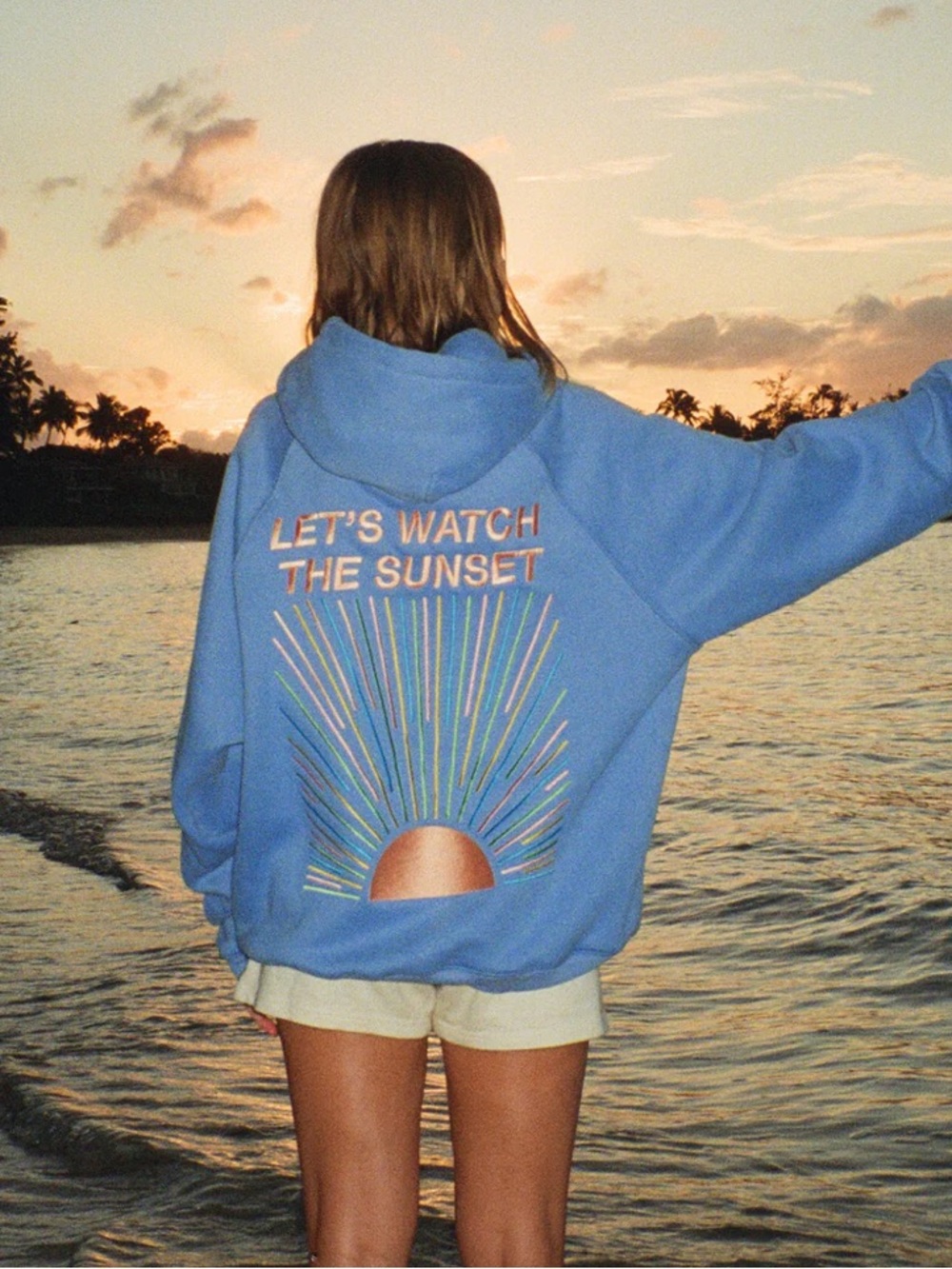 Dandy Worldwide Let's Watch the Sunset Oversized Lux Hoodie in Blue Large $89